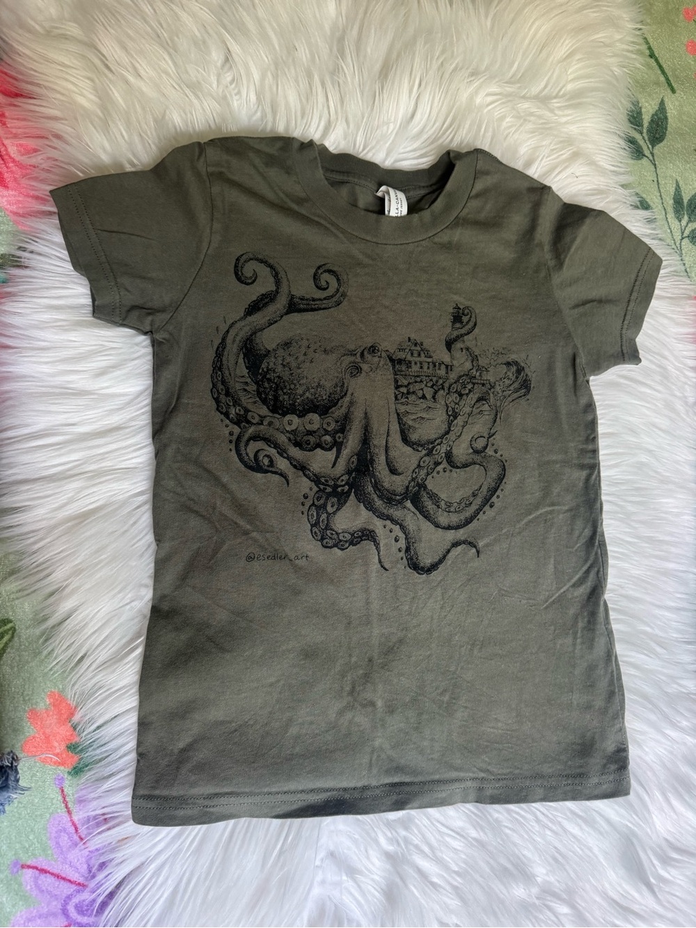 Bella Canvas Olive Green Short Sleeve Tee with Black Octopus Graphic